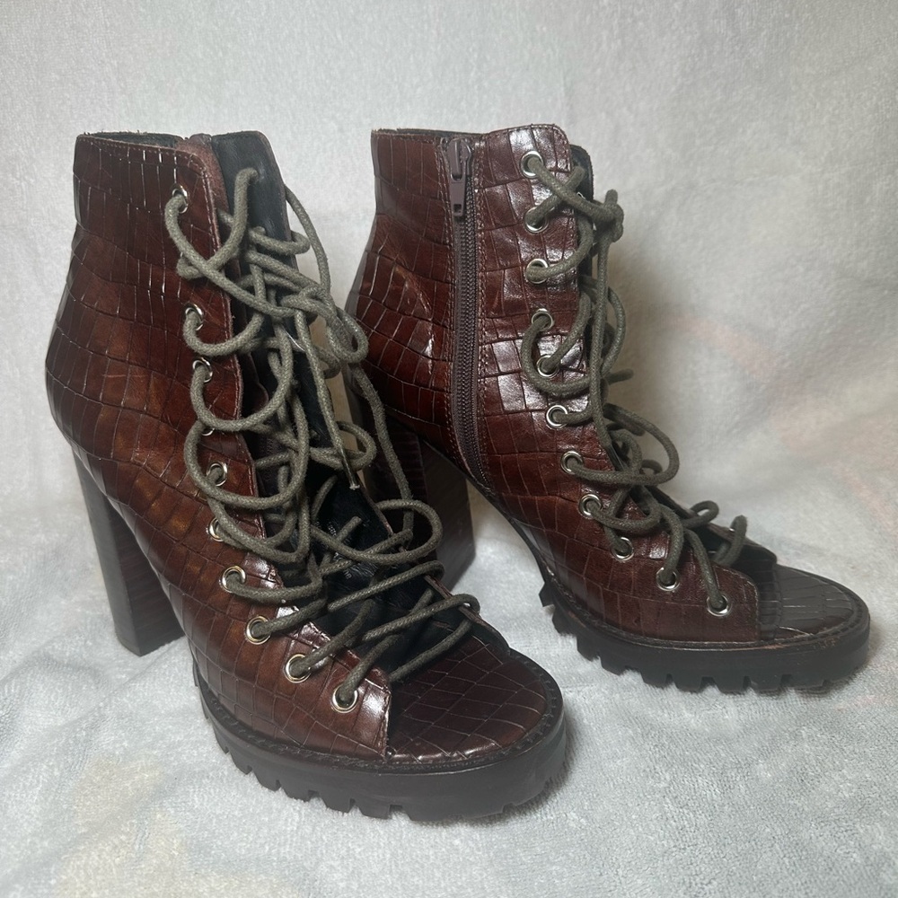 Jeffrey Campbell x Free People Palermo Embossed Brown Lace-Up Women's Boots 8